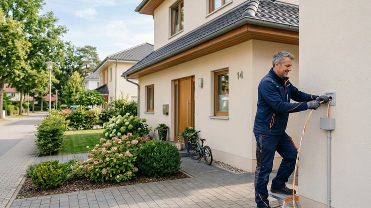 Techniker führt eine Glasfaserleitung an der Außenwand eines Einfamilienhauses fachgerecht ins Gebäude ein.