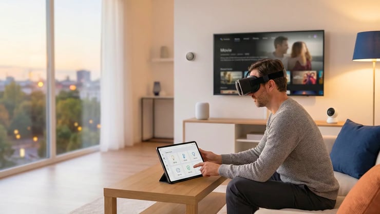Nutzer steuert Smart-Home-Funktionen per Tablet und nutzt VR; Streaming läuft im Hintergrund.