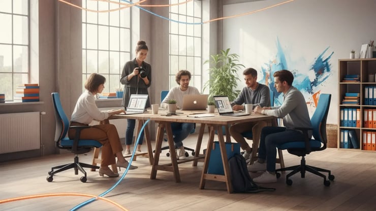 Team arbeitet mit Laptops in einem hellen Büro mit symbolischen Glasfaserleitungen für hohe Internetleistung.