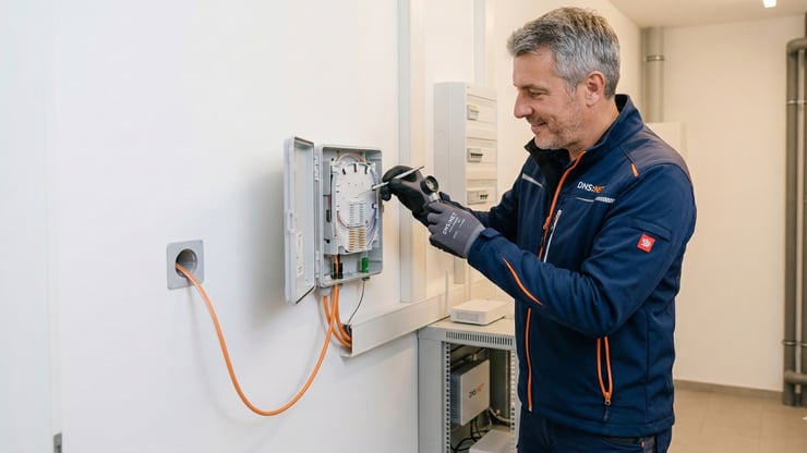 Techniker installiert den Hausübergabepunkt für den Glasfaseranschluss an einer Innenwand im Technikraum.