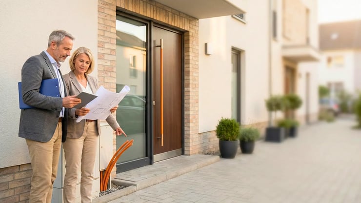 Eigentümer prüfen Baupläne vor einem Gebäude; orange Leerrohre liegen bereit für den Glasfaseranschluss.