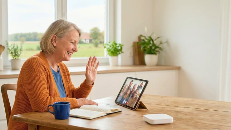 Seniorin führt einen Videoanruf über ein Tablet; im Hintergrund ist eine ländliche Umgebung zu sehen.