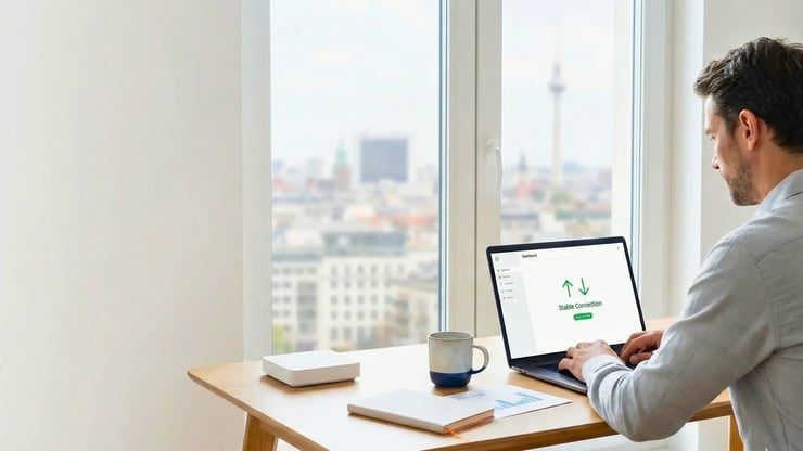 Person arbeitet im Homeoffice am Laptop; auf dem Bildschirm wird eine stabile Internetverbindung angezeigt.