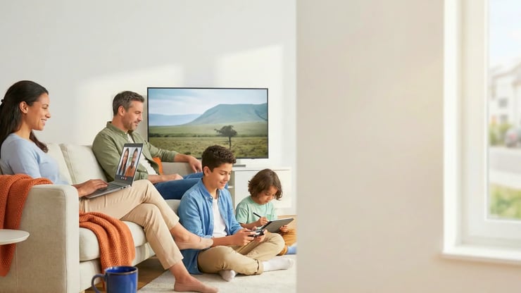 Familie nutzt Internet gleichzeitig: Videocall am Laptop, Streaming am TV und Spielen am Tablet.