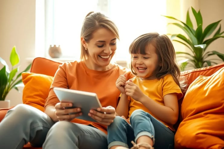 Eine junge Mutter sitzt mit ihrer Tochter auf einem orangefarbenen Sofa und nutzt gemeinsam ein Tablet zum Streamen oder Surfen. Beide lachen herzlich, die Szene strahlt Freude, digitale Teilhabe und Familienalltag aus. Im hellen Wohnzimmer mit orangenen DNS:NET-Kissen und grünen Pflanzen erleben sie dank zuverlässigem Glasfaser-Internet von DNS:NET ein sicheres und günstiges Online-Erlebnis.