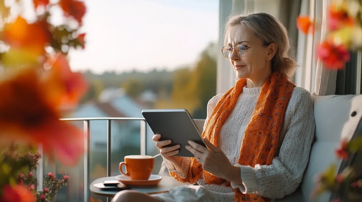 Frau mit Tablet auf dem Balkon
