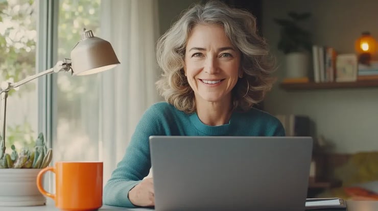 Frau vor Laptop macht Verfügbarkeitscheck für Glasfaser