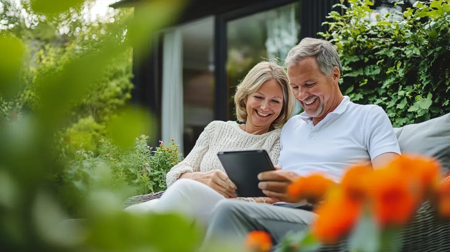 Ehepaar im Garten recherchiert auf DNS:NET-Seite