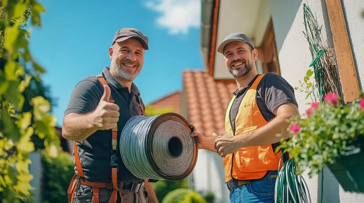 Bauarbeiter mit Glasfaser-Kabelrolle