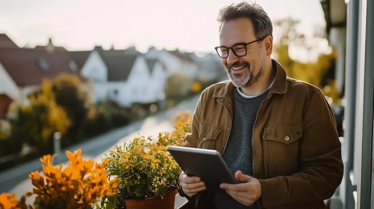 Mann mit Tablet informiert sich zu Verlegung Leerrohr