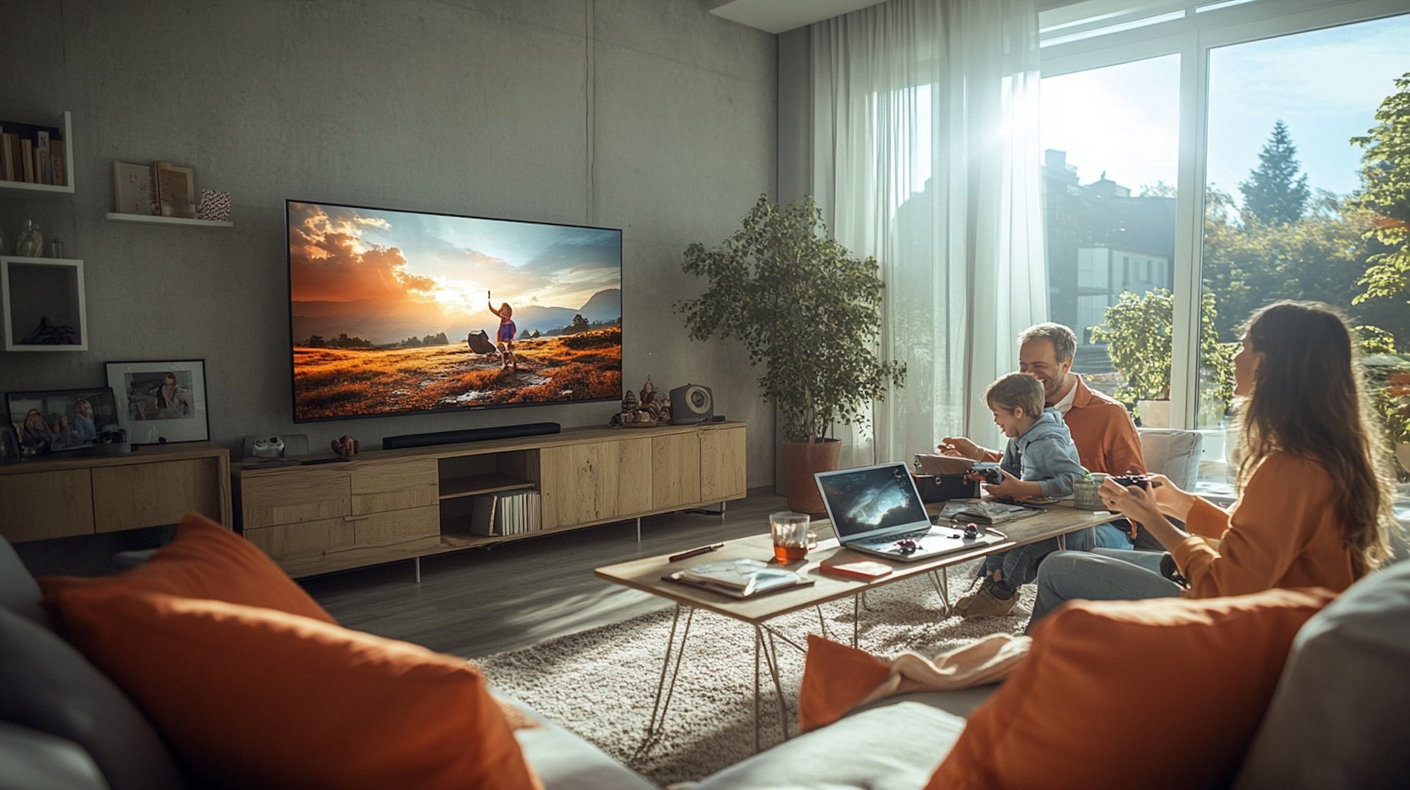 Familie in der Mietwohnung vor Fernseher, Laptop und Spielekonsole