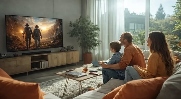 Familie sieht fern im Wohnzimmer