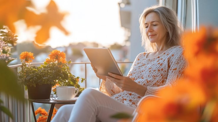 Frau auf Balkon am Tablet-1