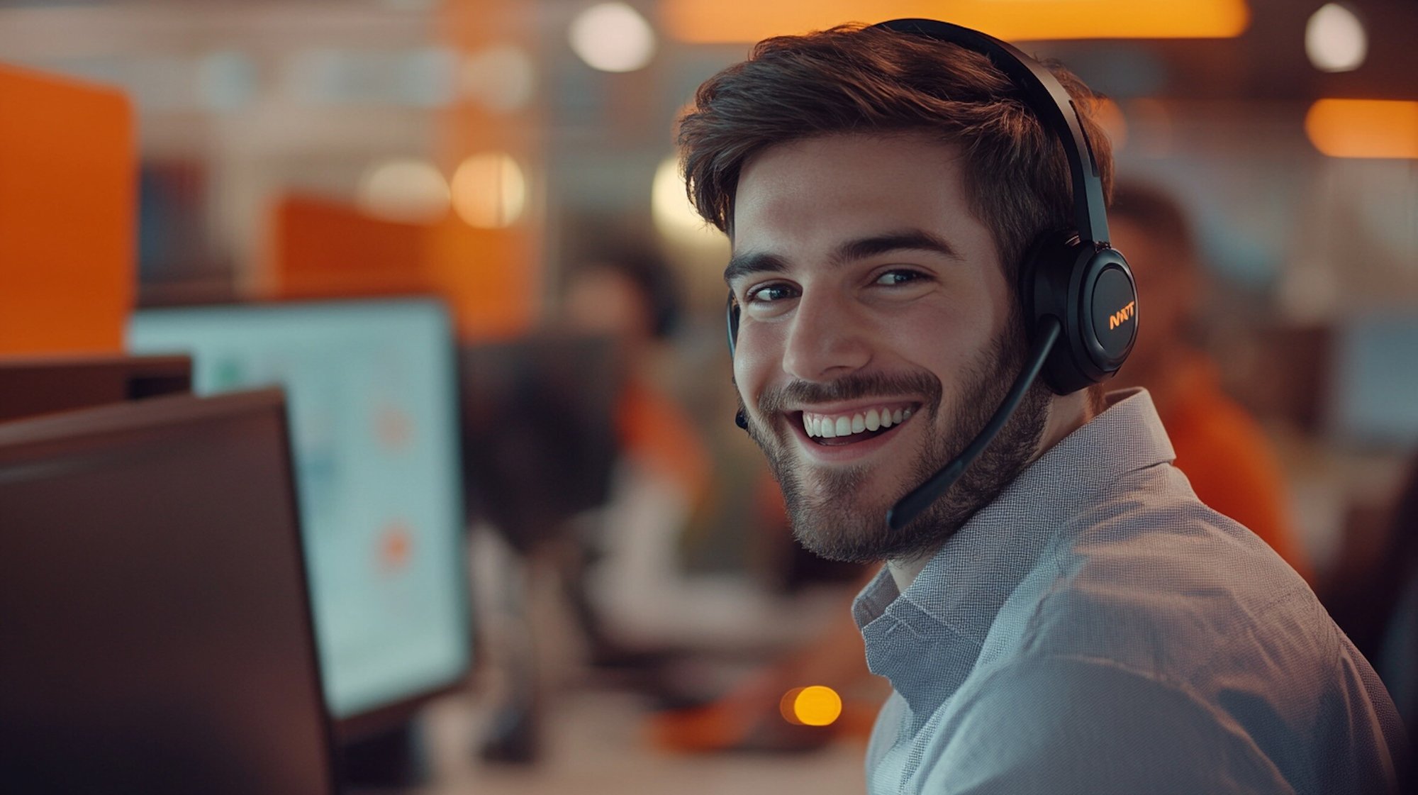 Mann mit Headset vor Laptop spricht zu Glasfaser