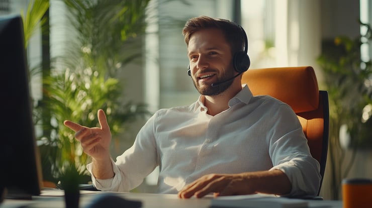 DNS:NET Kunde mit Headset vor Laptop