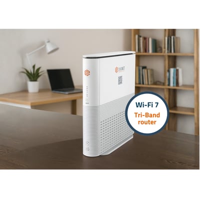 DNS:NET Premium-Router mit Tri-Band-Symbolik (2,4/5/6 GHz).