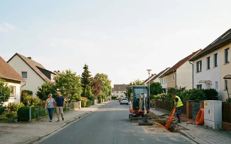 Wohngebiet in Blankenfelde-Mahlow mit laufendem Glasfaserausbau – DNS:NET erweitert das Glasfasernetz für schnelles Internet bis ins Haus.