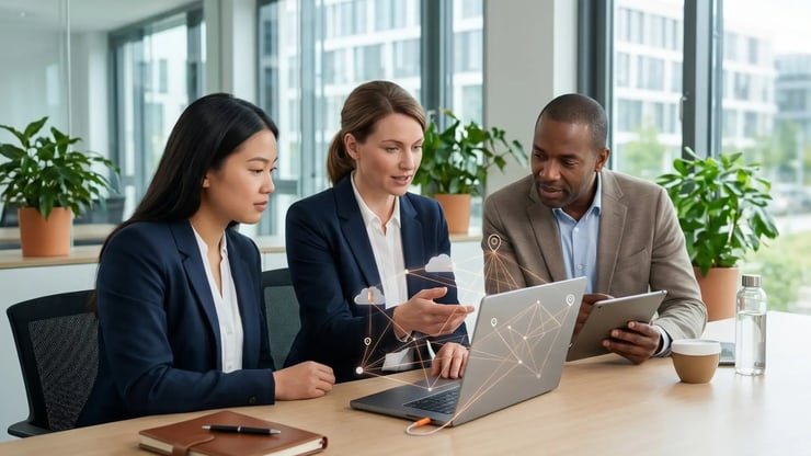 Drei Geschäftsleute beraten in einem modernen Büro über digitale Vernetzung, Cloud-Anwendungen und Business-Glasfaser.