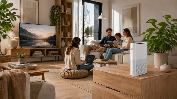 Familie nutzt Laptop und Tablet in einem modernen Wohnzimmer mit Premium-Router von DNS:NET für stabiles Glasfaser-Internet zuhause