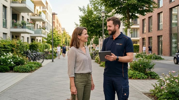 DNS:NET-Mitarbeiter berät Frau mit Tablet in modernem Wohnquartier zu Glasfaser und digitaler Infrastruktur in Berlin-Brandenburg.