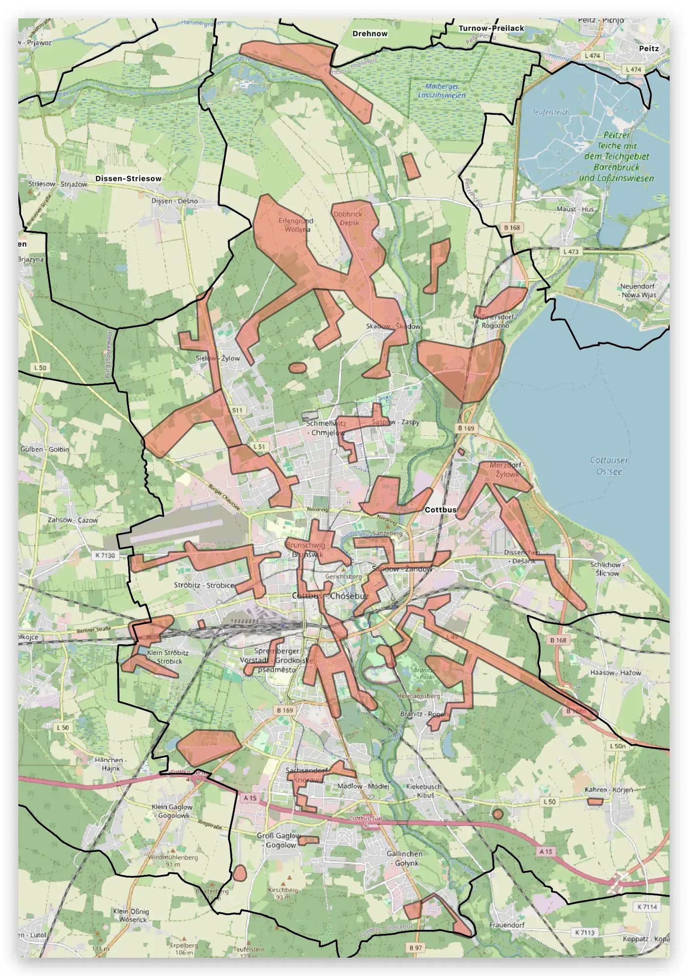 Karte des geförderten Glasfaserausbaugebiets Cottbus – Projekt Stadtfeld, erschlossene Bereiche als Polygone, DNS:NET 2025