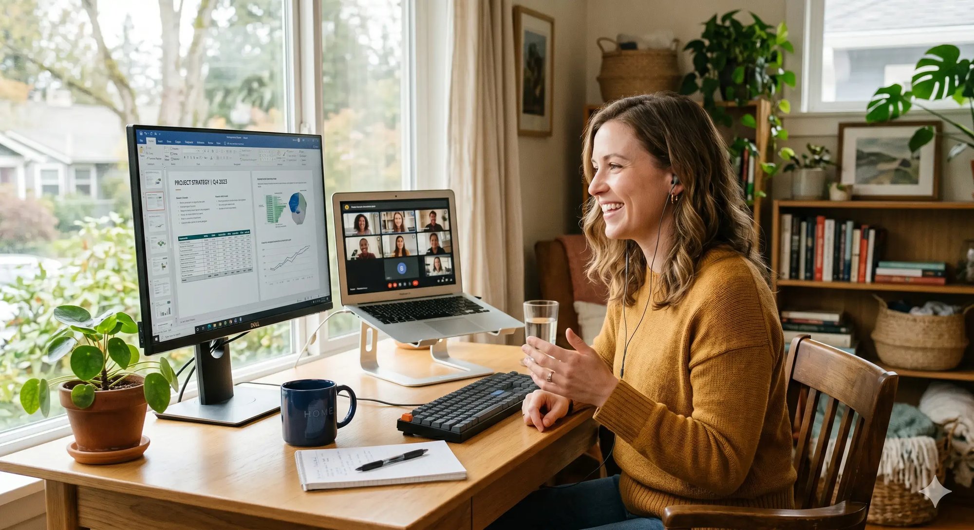 Frau im Homeoffice in aktivem Videocall mit zwei Monitoren – zuverlässige Glasfaser-Verbindung für das Homeoffice in Cottbus