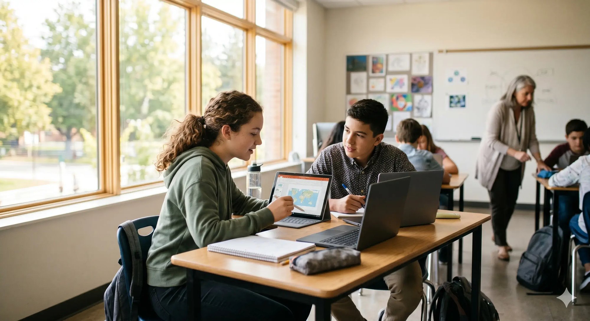 Zwei Schülerinnen und Schüler arbeiten gemeinsam an Tablet und Laptop im Klassenzimmer – digitales Lernen mit Glasfaser in Cottbuser Schulen