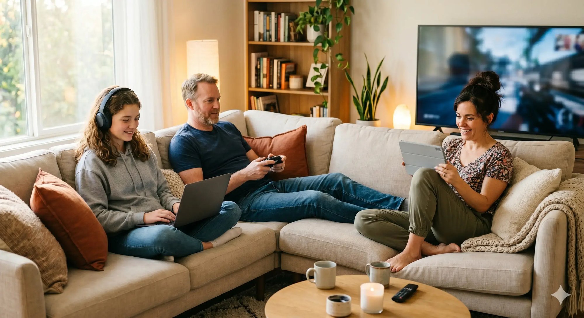 Familie auf dem Sofa nutzt gleichzeitig Laptop, Tablet und Gaming-Controller – stabiles Glasfaser-Internet für Haushalte in Cottbus