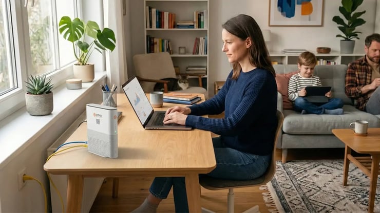 Familie nutzt DNS:NET Glasfaser im Alltag: Frau arbeitet im Homeoffice am Laptop, während im Hintergrund Kind und Mann parallel digitale Geräte nutzen
