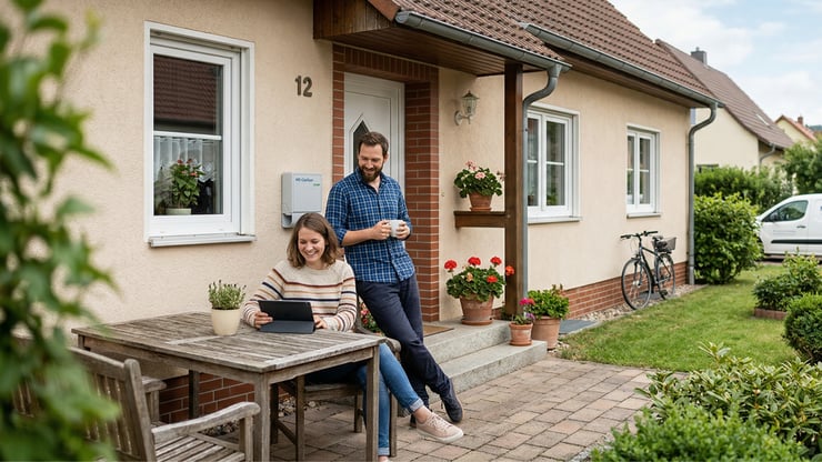Paar vor einem Einfamilienhaus in Sachsen-Anhalt mit Tablet im Außenbereich, während im Hintergrund ein Glasfasertechniker den Anschluss am Grundstück fertigstellt.