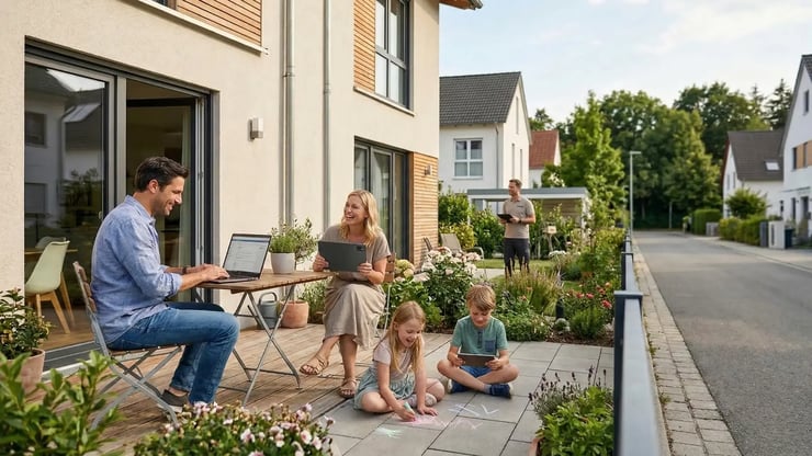 Familie vor modernem Wohnhaus in einem ruhigen Wohngebiet: Ein Mann arbeitet am Laptop im Homeoffice, eine Frau nutzt ein Tablet, zwei Kinder sitzen auf der Terrasse und im Hintergrund steht ein Mitarbeiter mit Tablet – Symbol für Glasfaser-Verfügbarkeit und digitales Leben mit DNS:NET in Berlin, Brandenburg und Sachsen-Anhalt.