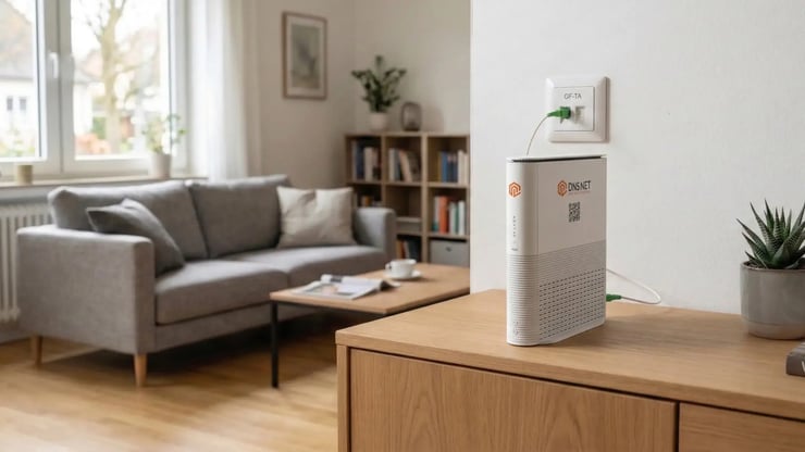 DNS:NET Premium Router in einem hellen Wohnzimmer, direkt per Glasfaserkabel mit einer GF-TA-Anschlussdose an der Wand verbunden