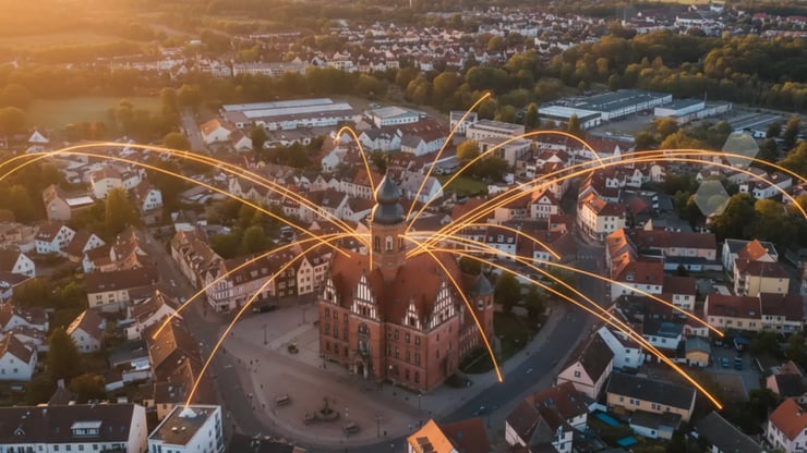 Bild eines deutschen Rathauses bei Dämmerung, das durch dynamische Glasfaser-Lichtströme in den DNS:NET-Farben Orange und Blau mit der Umgebung vernetzt wird.