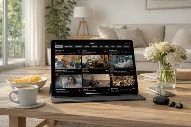 DNS:NET TV-App auf einem iPad im Wohnzimmer