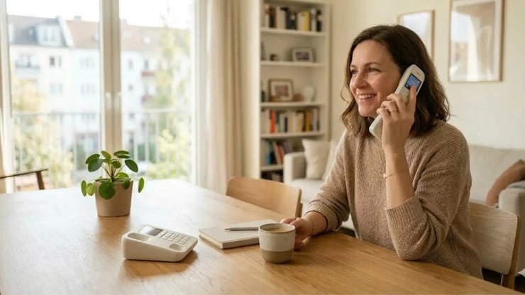 Frau telefoniert entspannt am Esstisch in einer hellen Wohnung – Symbol für die im DNSYou Tarif enthaltene Allnet-Flat für Gespräche in deutsche Fest- und Mobilfunknetze