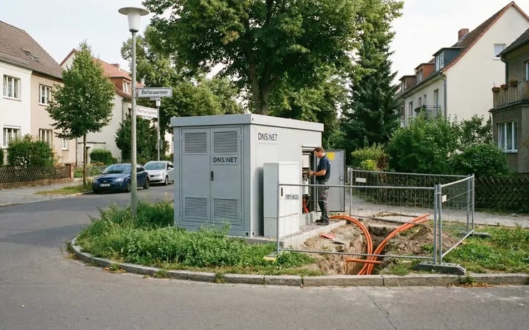 Wohngebiet in Berlin-Französisch Buchholz mit Glasfaser-PoP von DNS:NET – Ausbau des Glasfasernetzes für schnelles Internet bis ins Haus.
