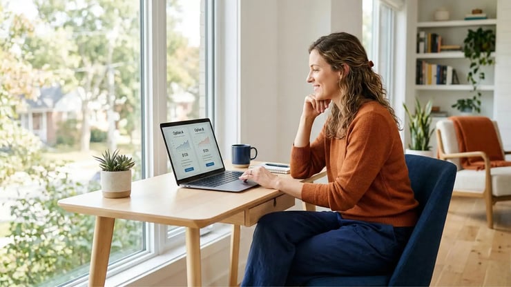 frau-homeoffice-laptop-glasfaser-tarifvergleich-helles-wohnzimmer