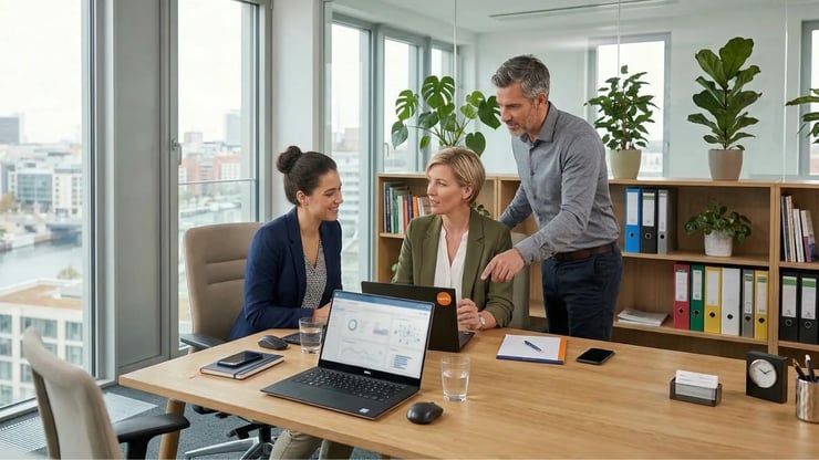 Drei Berufstätige arbeiten in einem modernen Büro gemeinsam an digitalen Projekten und besprechen Ergebnisse am Tisch.