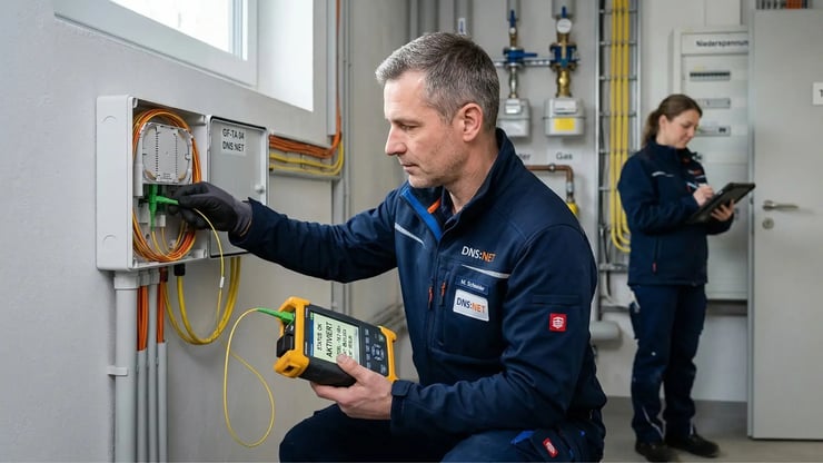 DNS:NET-Techniker aktiviert und prüft den Glasfaseranschluss in einem Technikraum, während eine Kollegin die Einrichtung dokumentiert.