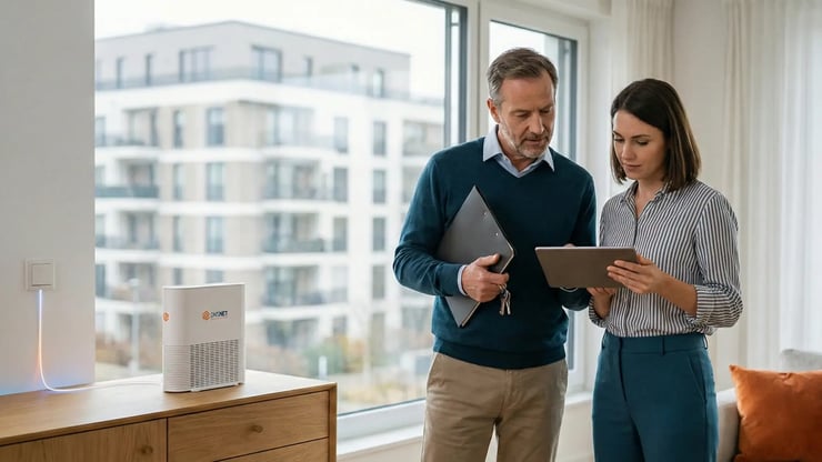 Eigentümer und Mieterin prüfen Glasfaseranschluss in einer Wohnung mit Blick auf Mehrfamilienhaus – moderner FTTH-Router im Raum.