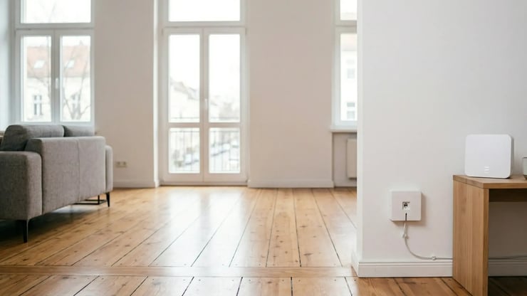 Glasfaser-Anschlussdose und Router in einer hellen Wohnung – Visual für robuste und langfristig leistungsfähige digitale Infrastruktur.