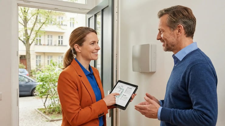 Persönliche Beratung zum Glasfaseranschluss am Hauseingang – Technikerin erklärt Leitungsplanung auf Tablet.