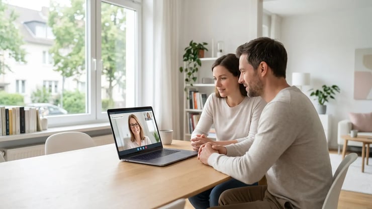 Paar sitzt zuhause am Tisch und spricht per Video-Call mit einer Glasfaser-Beraterin auf dem Laptop über Internet, Verfügbarkeit und Tarife.