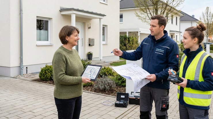 Eigentümerin bespricht mit zwei Glasfaser-Fachkräften vor dem Wohnhaus die Hausbegehung und den geplanten Leitungsverlauf für den Anschluss.