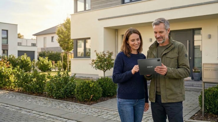 Eigentümerpaar prüft vor dem Einfamilienhaus auf einem Tablet die Verfügbarkeit von Glasfaser für die eigene Immobilie.
