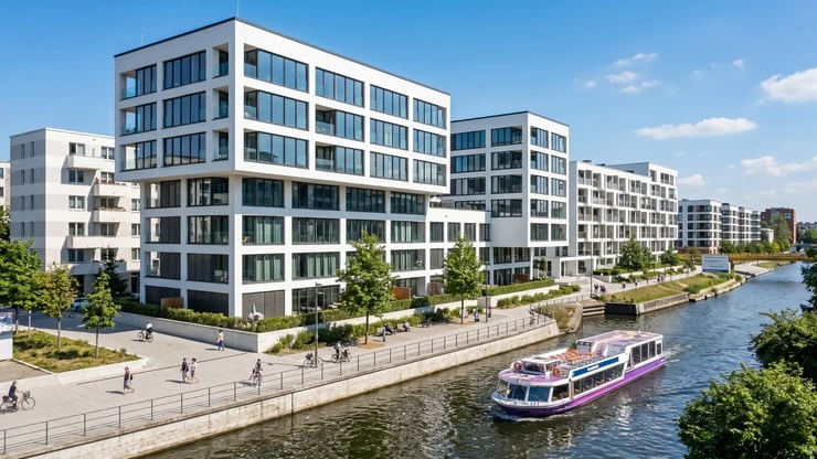 Moderne Wohnanlage an der Lydia-Rabinowitsch-Straße mit Mehrfamilienhäusern am Wasser.