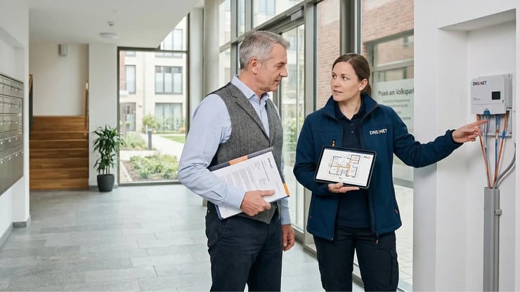DNS:NET-Projektverantwortliche erklärt einem Eigentümer im Eingangsbereich einer Immobilie die technische Gebäudeprüfung für den Glasfaseranschluss.