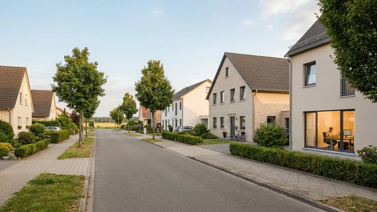 Ruhige Wohnstraße in Großbeeren mit Einfamilienhäusern, Bäumen und einem beleuchteten Homeoffice-Fenster als Visual für Glasfaser im Alltag in Brandenburg.
