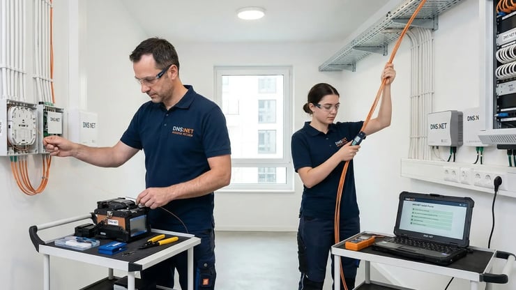 Zwei DNS:NET-Techniker setzen den Glasfaseranschluss fachgerecht in einem Technikraum um und verlegen die Infrastruktur im Gebäude.