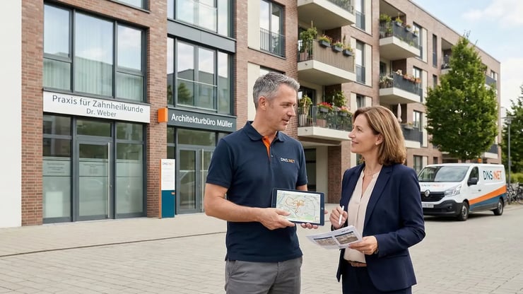 DNS:NET-Beratung vor modernem Gebäude mit Wohnungen und Gewerbeflächen: Eine Verwalterin spricht mit einem DNS:NET-Mitarbeiter über den Glasfaseranschluss für die Immobilie.
